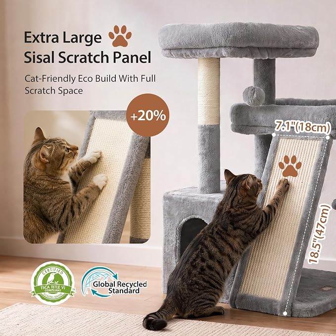Heybly Compact Cat Tree with Big Scratcher, Stable Cat Tower HCT206SW | 27.2" Cat Furniture with 2 Top Perches, Floor Cat Condo, Cozy Hammock, Space-Saving Cat Activity Center, Light Gray