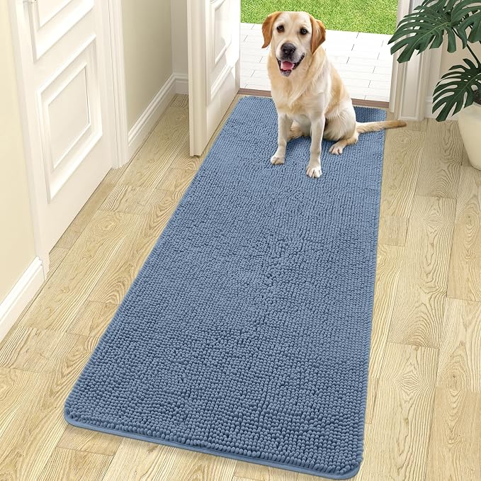 OLANLY Dog Door Mat for Muddy Paws 70x24, Super Absorbent Chenille Mud Mat | Airy Blue, Absorbs Moisture and Dirt, Non-Slip Machine Washable Doormat, Quick-Drying Indoor Entryway Floor Carpet for Dogs
