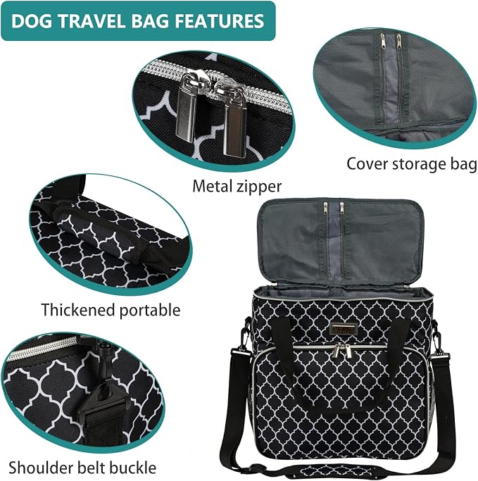 BAGLHER Dog Travel Bag, Pet Travel Bag (ALL Pet Travel Supplies), With 2 Pet Food Containers and 2 Collapsible Silicone Bowls; Essential Kits for Travel DLblack