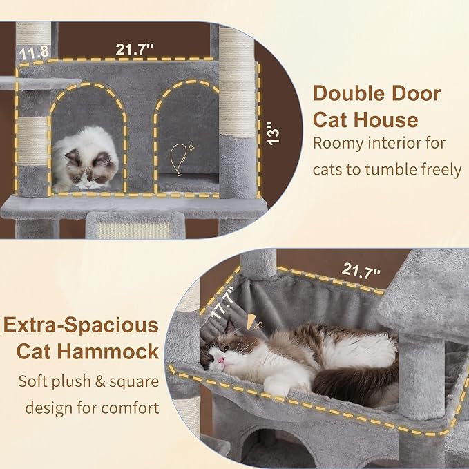 Heybly Tall Cat Tree for Large Cat, 80-inch Multi-Level Cat Tower HCT038W | Condo Furniture for Indoor Cats with Large Baseboard, 2 Widened Plush Perches, Scratching Board, Big Caves, Light Gray