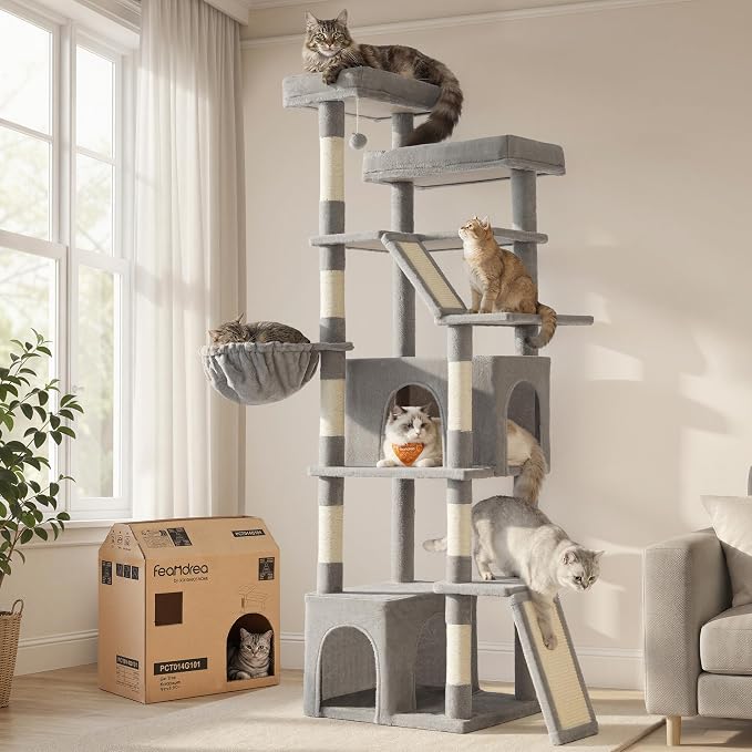 Feandrea 72.6-Inch Tall Cat Tree Tower for Indoor Extra Large Cats, Scratching Posts, Scratching Boards, Multi-Level Design, Dove Gray UPCT014G101S