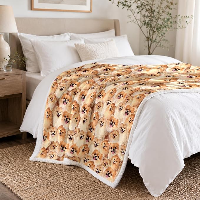 BlessLiving Pomeranian Golden Throw Blanket with Dense Dog Patterns Sherpa Fleece Blanket Couch Bed, Soft Cozy Warm Pet Blankets for Puppy Lovers Cute Animal Print Gift 60x80 Inches