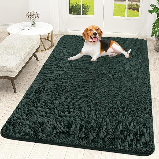 OLANLY Dog Door Mat for Muddy Paws 59x35, Super Absorbent Chenille Mud Mat | Blackish Green, Absorbs Moisture and Dirt, Non-Slip Machine Washable Doormat, Quick-Dry Indoor Entryway Floor Carpet for Dogs