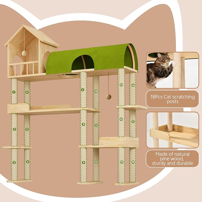 60'' Cat Tree for Automatic Litter Box, for Heavy Cats up to 22lbs | Solid Wood Large Cat Tower with Tunnel & House, Space-Saving for Indoor Multi-Pet Households, Stops Furniture Scratching