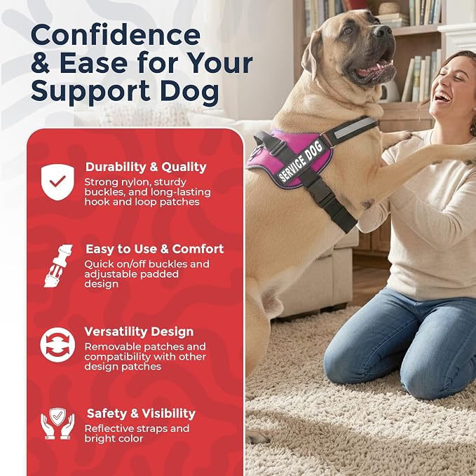 Industrial Puppy Service Dog Vest Harness - Durable & Adjustable Vest for Dog with Reflective Straps, Removable Patches, 50 ADA Cards, Handle & D-Ring, Travel and Daily Use, (Hot Pink, XL 30"-39")