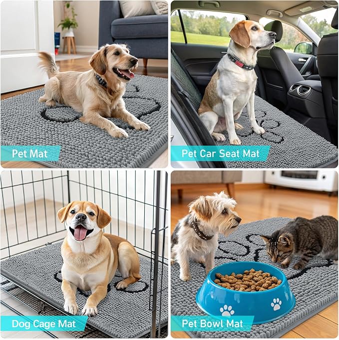 OLANLY Dog Door Mat for Muddy Paws 47x20, Paw Print Design Chenille Mud Mat | Grey, Super Absorbent, Traps Moisture and Dirt, Non-Slip Washable Doormat, Quick-Drying Indoor Entryway Floor Carpet for Dogs