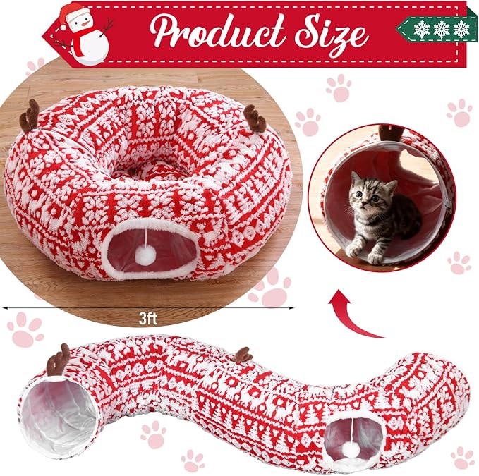 Dansydaisy Cat Tunnel Christmas Tree Skirt, Snowflake Deer Cat Tunnel Bed with Toys, Hanging Ball Plush Washable Cushion and Dangling Balls 3FT Peekaboo Playground for Small Medium Rabbit Xmas Decor
