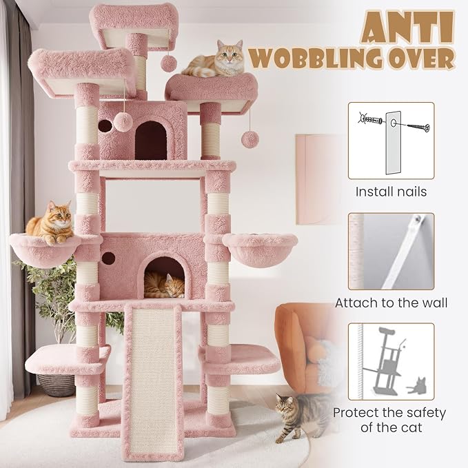 SHA CERLIN 81 Inches Extra Large Cat Tree for Indoor Adult Cats/XXL Big Cat Tower with Condo/Cozy Perches/Sisal Scratching Posts and Hammocks/Activity Center/F80/Heavy Duty/Pink