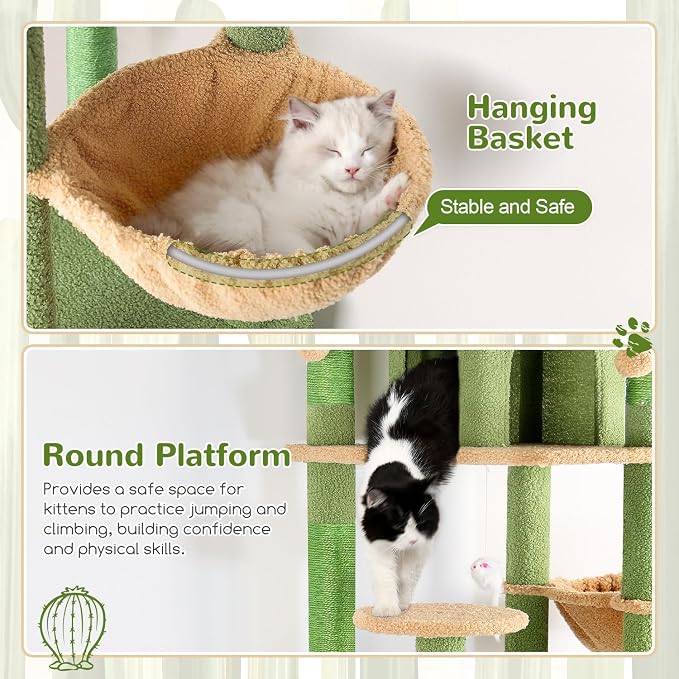 Globlazer Cactus Cat Tree Tower for Multiple Adult Cats, 82in, F82, Green | XXL Tall Cat Tree Tower for Indoor Cats with Scratching Post, 3 Perches, 2 Condos, 2 Hanging Baskets