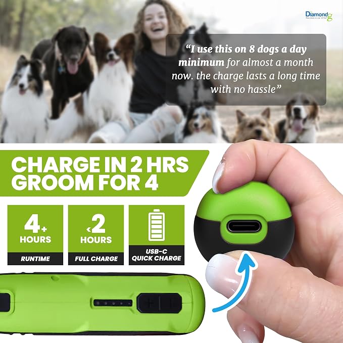 Diamondg Cordless Dog Nail Grinder - Quiet Sound with LED Light, Green | 5-Speed Rechargeable Pet Nail Trimmer for Small & Large Dogs, USB-C Charging, 4hrs. Runtime, Painless Dog Nail Grinding Kit