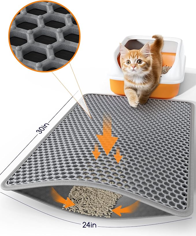 Powools Cat Litter Mat - 30" x 24" Large Litter Box Mat with Double Layers, Urine-Proof and Non-Slip Litter Trapping Mat, Easy to Clean Kitty Litter Mats for Floor, Scatter Control, Grey
