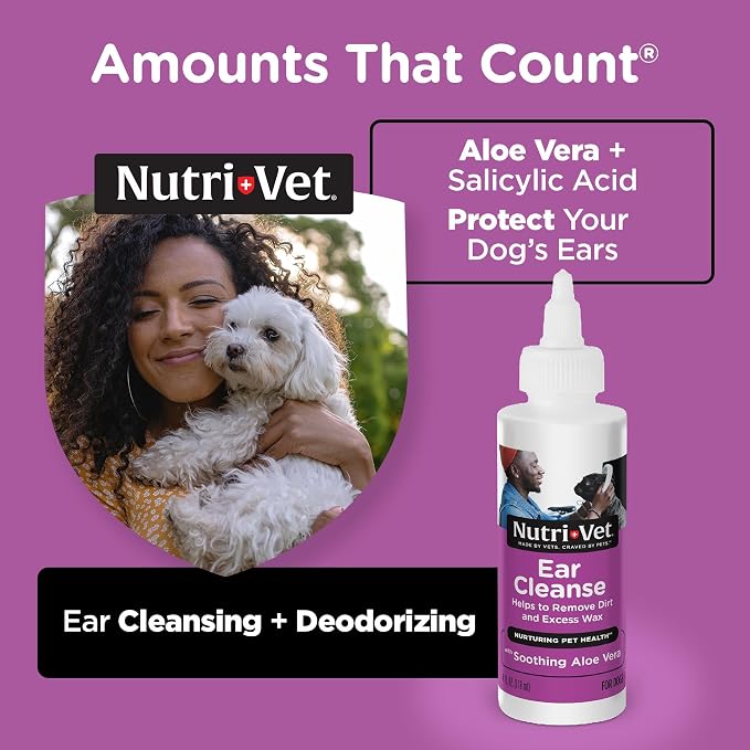 Nutri-Vet Ear Cleanse for Dogs, Liquid Ear Cleanser with Soothing Aloe & Salicylic Acid, Removes & Cleans Wax,Dirt,and Debris,Deodorizes,and Itch Relief, Gentle Veterinarian Formulated,8oz,(Pack of 2)