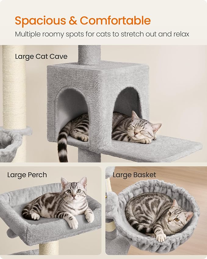 Feandrea Cat Tree, 68.5-Inch Tall Cat Tower, Multi-Level Plush Condo with Large Perch, Scratching Posts, Double Caves, Dove Gray UPCT006G01