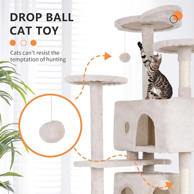 BestPet | 70" Cat Tree Tower | Beige | Sturdy Multi-Level Cat Tree | with Plush Condo, Cozy Perch, Sisal Scratching Posts, Hanging Toy and Hammock | Easy Assembly | for Kittens & Adult Cats
