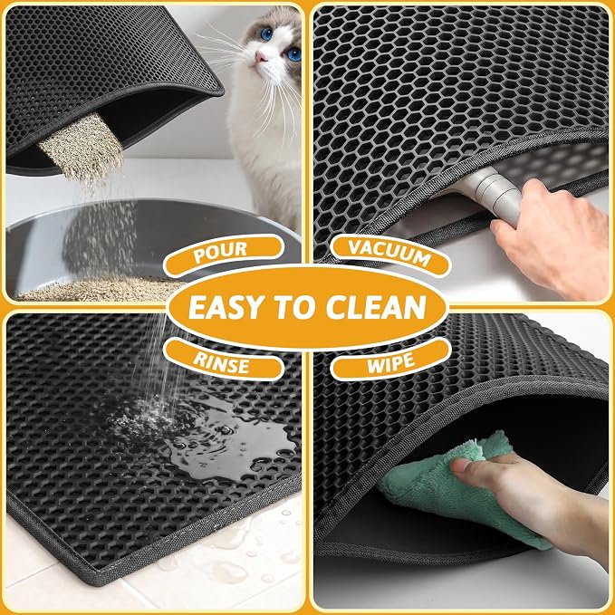 Pieviev Kitty Litter Mat, Double-Layer Waterproof Design, 30" x 24" Black | Honeycomb Litter Box Mat Catches Scattered Particles to Stop Tracking, Urineproof Base protects Floors, Easy to Clean