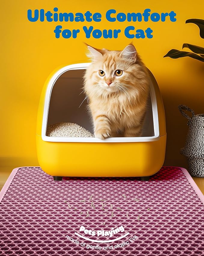 Powools Cat Litter Mat, 23.2 x 14.6 in, Waterproof, Non-Slip, Pink | Litter Trapping Mat, Easy to Clean, Litter Box Mat, Urine-Proof, Cat Toilet Training Systems Accessories, Indoor Cats