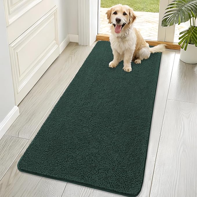 OLANLY Dog Door Mat for Muddy Paws 70x32, Super Absorbent Chenille Mud Mat | Blackish Green, Absorbs Moisture and Dirt, Non-Slip Machine Washable Doormat, Quick-Dry Indoor Entryway Floor Carpet for Dogs