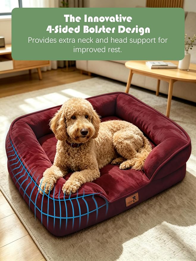 Spotted Play Orthopedic Dog Bed with Sides - Sofa Beds for Extra Large Dogs, Supportive Foam Pet Couch Bed with Washable Removable Cover, Waterproof Lining and Non-Slip Bottom, Burgundy - XL