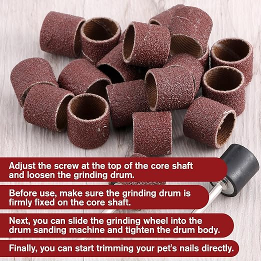 22Pcs Dog Nail Grinder, Sanding Bands and Drums Replacement Kit for Dogs and Cats, Safe Quiet Electric Nail File Grooming Supplies for Smooth Claw Care Polishing (1/2 Inch 120 Grit)