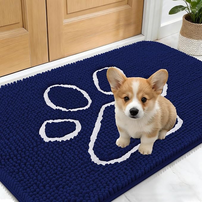 OLANLY Dog Door Mat for Muddy Paws 24x16, Paw Print Design Chenille Mud Mat | Navy Blue, Absorbent, Traps Moisture and Dirt, Non-Slip Washable Doormat, Quick-Drying Indoor Entryway Floor Carpet for Dogs
