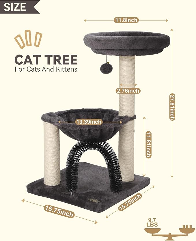 Cat Tree Tower for Indoor Cats, 27.8 Inches Multi-Level Cat Tree with Scratching Posts Plush Basket & Perch for Play Rest, Cat Activity Tree with Dangling Ball for Kittens/Small Cats