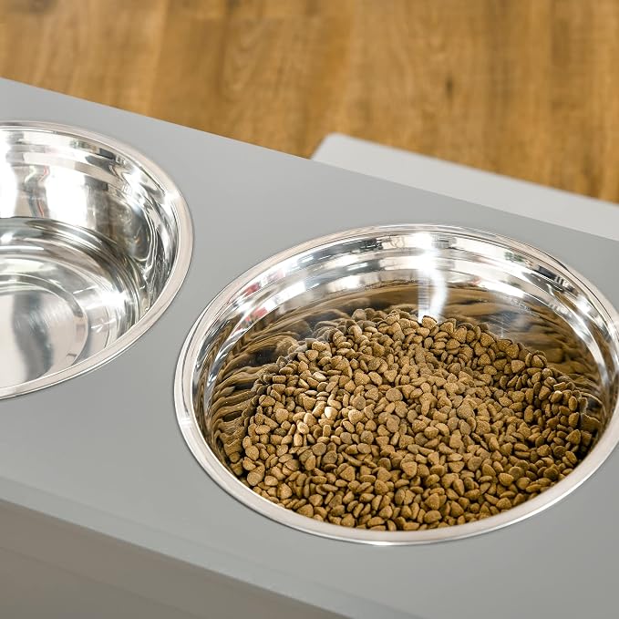 PawHut Raised Pet Feeding Storage Station with 2 Stainless Steel Bowls Base for Large Dogs and Other Large Pets, Gray | with2 Stainless Steel Bowls Base for Other Large Pets