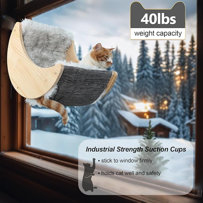 Cat Window Perch, Plywood Moon Bed with 4 Heavy-Duty Suction Cups | Ultra Plush Faux Wool Fur,Window-Mounted, Drill-Free, Up to 40 lb Support, For Small to Medium Cats, Machine-Washable Pad