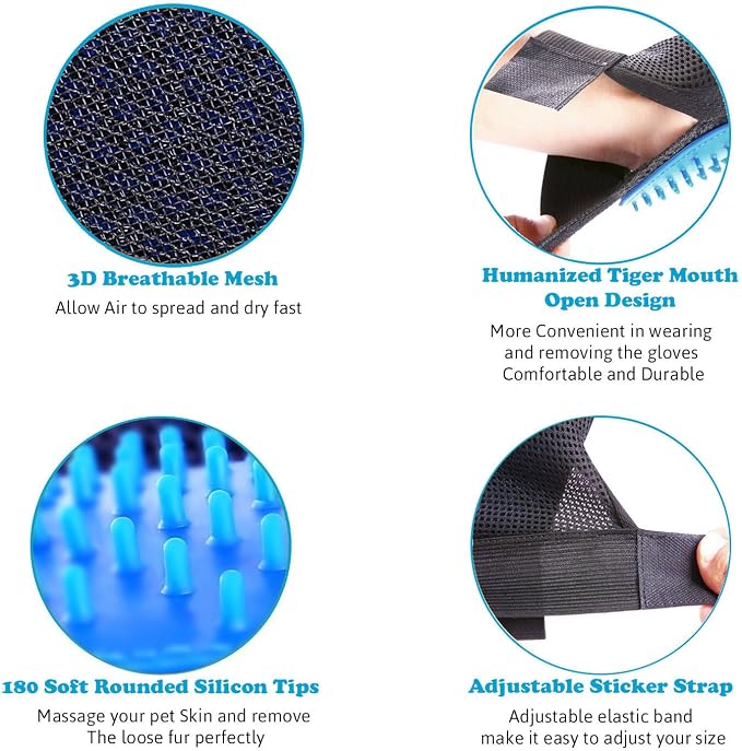 Pet Grooming Glove - Gentle Deshedding Brush Glove - Efficient Pet Hair Remover Mitt - Massage Tool with Enhanced Five Finger Design - Perfect for Dogs & Cats with Long & Short Fur