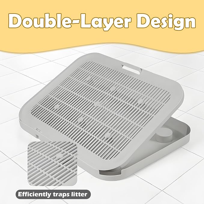 Cat Litter Mat Litter Box Mat with a Flip-top Lid,Extra Large Double-Layer Trapping Mats for Kitty,XL Cat Trapping Pad with Non-Slip Base,Durable,Waterproof,Washable,Easy to Clean (Grey)
