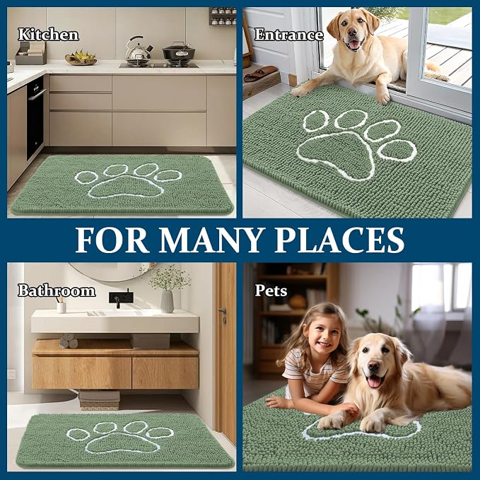 OLANLY Dog Door Mat for Muddy Paws 24x16, Paw Print Design Chenille Mud Mat | Olive Green and White, Absorbent, Traps Moisture and Dirt, Non-Slip Washable Doormat, Indoor Entryway Floor Carpet for Dogs
