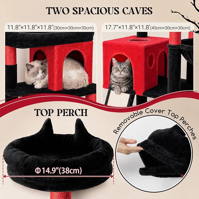 Globlazer Heavy Duty Gothic Cat Tree, 72in Large Cat Tower with Coffin Bed, Sturdy Maine Coon Cat Tree for Large Cats 20 lbs+, Medieval Castle Style with 6 Scratching Posts & Hammock, S72, Black & Red