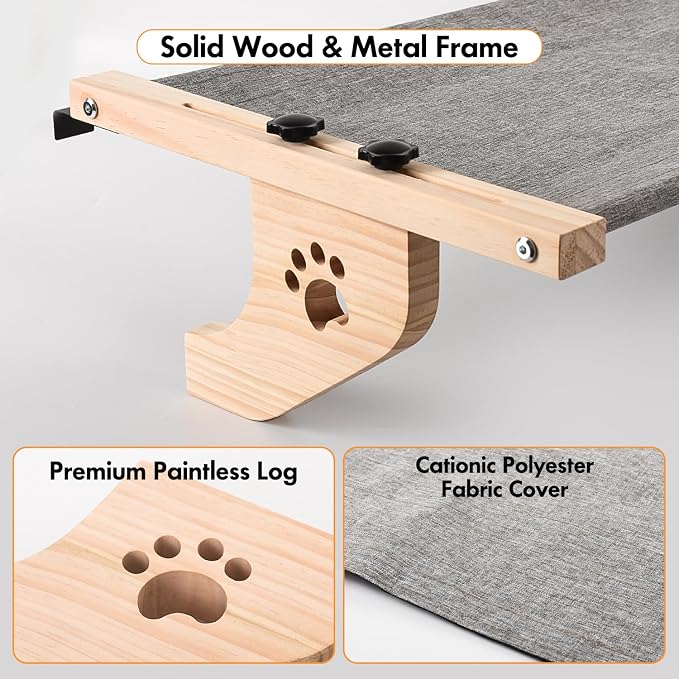 AMOSIJOY Cat Windowsill Perch with Wood & Metal Frame for Large Cat, 27.5in | Solid Wood Frame, Easy to Adjust, Washable Berber Fleece Cover, No Suction Cups Cat Window Seat for Windowsill, Bedside
