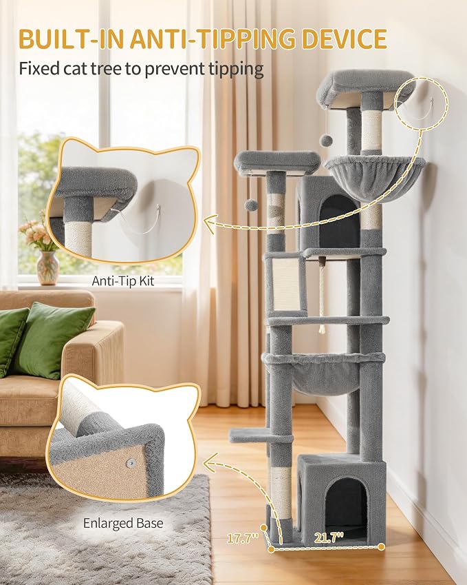Hzuaneri Large Cat Tree, 72 Inch Tall Multi-Level Cat Tower for Indoor Cats | Cat Condo Furniture with 6 with Sisal Scratching Posts, 2 Large Platforms, 2 Cats House, Hanging Basket, Light Gray MS18318LG