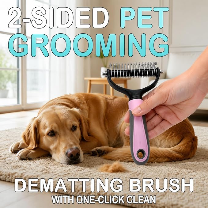 Pet Grooming Brush - Double-Sided Dematting Comb & Deshedding Tool for Dogs and Cats, Effortless Hair Removal, Ideal for Long-Haired Breeds, Reduce Shedding (1, Blue, Large)