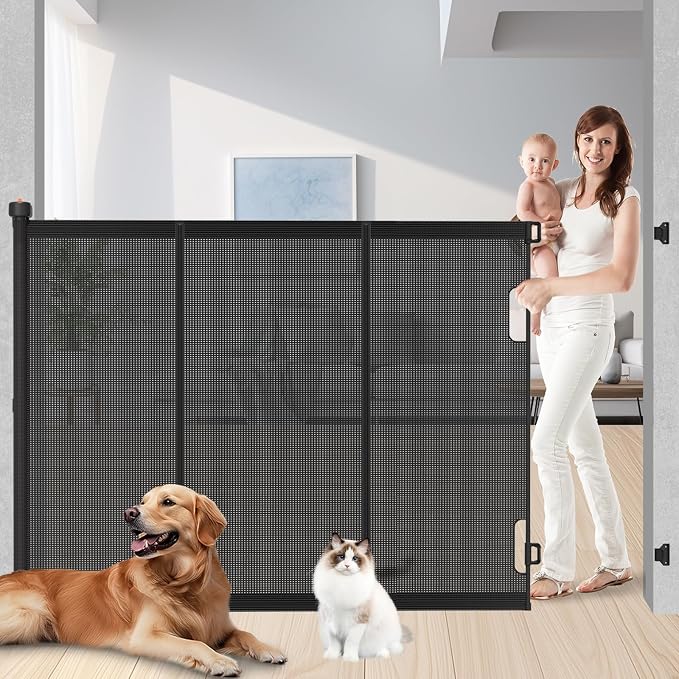 Extra Tall Retractable Baby Gates: 51" Tall Pet Gate, Extend up to 120" Wide, Mesh Baby Gate with Support Rods Jump-Proof Design for Cats & Large Dogs High Dog Indoor Outdoor, Black