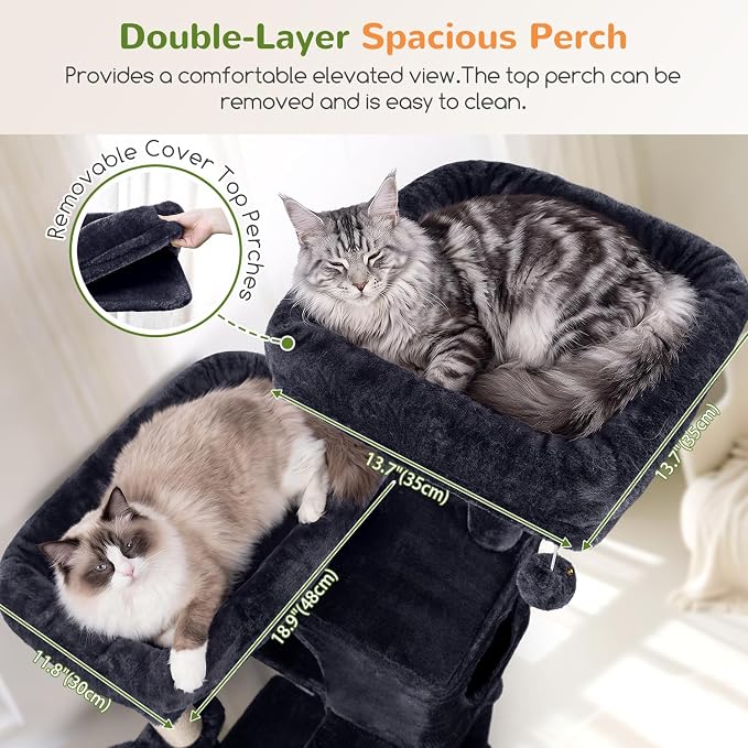 Globlazer Tall Cat Tree for Indoor Large Cats, 75 inch, F75C, Dark Grey | Multi-Level Cat Tower, 2 Large Platforms, 2 Oversized Cat Condos, 5 Scratching Posts, Scratching Board, Removable Pet Bed