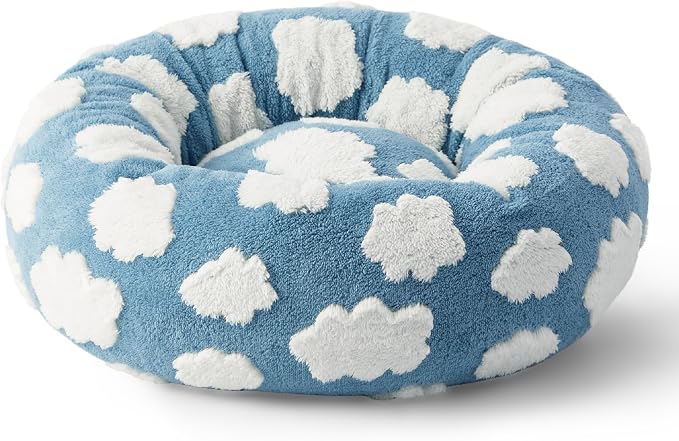 Lesure Shown on TV Donut Cat Beds for Indoor Cats - Small Round Dog Bed for Calming Pets as Gift with Washable Cover, Cute Modern Puppy Bed with Jacquard Shaggy Plush & Anti Slip Bottom, 20 Inch, Blue