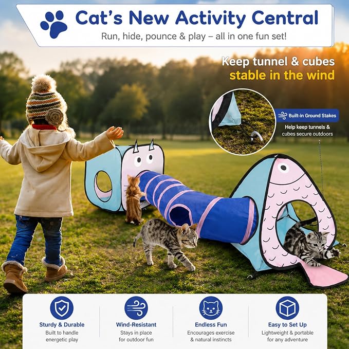 Rypet Cat Toy Tunnel and Cubes Bundle - Interactive Crinkle Collapsible Cat Tube and Foldable Cubes Playground for Kitty, Rabbit, Puppy, Ferret Hiding Hunting and Resting