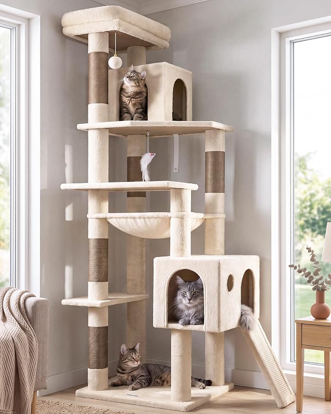 Globlazer Heavy Duty Cat Tree Tower, 70inch Sturdy Cat Tree for Indoor Cats Sturdy Large Cat Tower with Scratching Post and Scratching Board, Hammock, Cat Condo for Adult Cats Kittens, F70 Pro, Beige