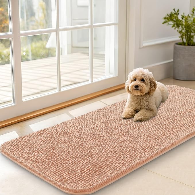 OLANLY Dog Door Mat for Muddy Paws 47x20, Super Absorbent Chenille Mud Mat | Peach, Absorbs Moisture and Dirt, Non-Slip Machine Washable Doormat, Quick-Drying Indoor Entryway Floor Carpet for Dogs