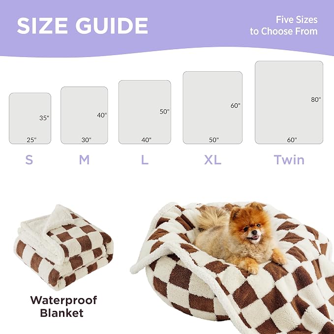 LE SURE Waterproof Dog Blanket for Large Dogs - Washable Double Sided Dog Blankets with Warm Jacquard Shag and Soft Sherpa Fleece, Pet Cat Blanket for Couch Protection, 3D Textured Checks, Brown