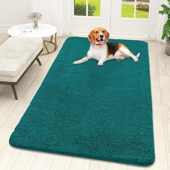 OLANLY Dog Door Mat for Muddy Paws 59x32, Super Absorbent Chenille Mud Mat | Lake Blue, Absorbs Moisture and Dirt, Non-Slip Machine Washable Doormat, Quick-Drying Indoor Entryway Floor Carpet for Dogs