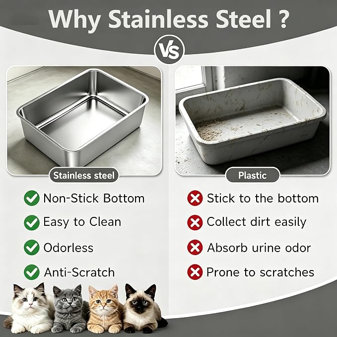 Stainless Steel Litter Pan Open Top Low Entry Easy Cleaning Anti-Urine Leakage Non-Sticky Odor Free Metal Litter Box