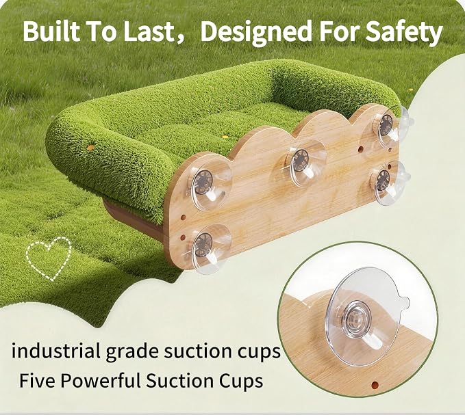 Cat Window Perch,Soft Cushion with Five Powerful Suction Cups,Green | Rubber wood material,Five Powerful Suction Cups,Hand-Embroidered Details,Solid Wood Base