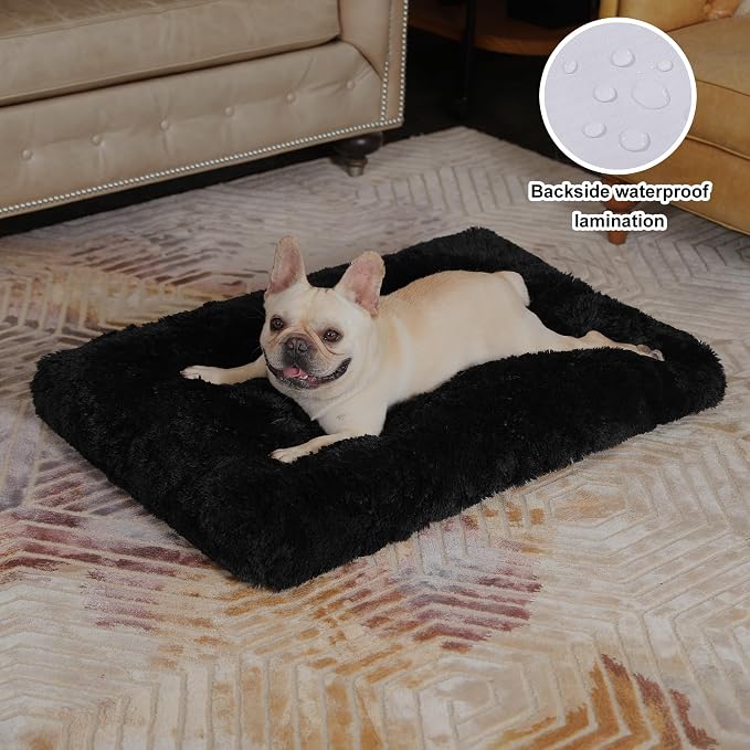 Bedfolks Waterproof Dog Crate Bed, Plush Dog Pad, 29"x21", Black | Faux Fur Plush Cover, Removable Washable Outer, Waterproof Inner Lining, Non-Slip Base, Crate Pad and Dog Pillow