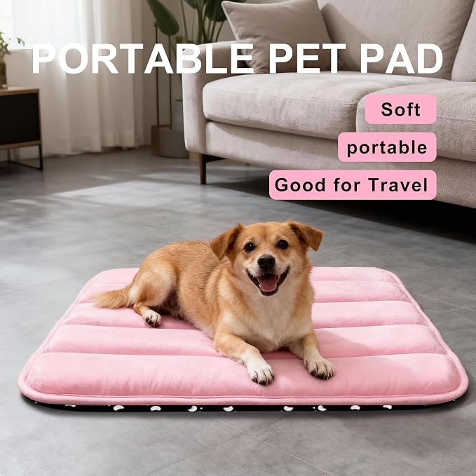 Dog Bed Mat, Reversible Dog Crate Pad with Washable Kennel Mat and Soft Foam, Flat Pet Bed for Dogs & Cats, for Crates Carriers & Travel (Pink, 28" L*16" W*1.5" Th)