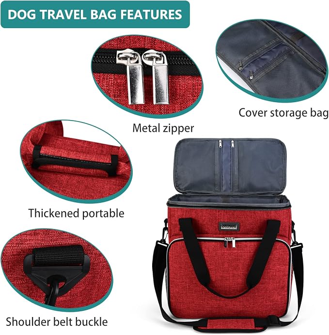 BAGLHER Dog Travel Bag, Pet Travel Bag (ALL Pet Travel Supplies), With 2 Pet Food Containers and 2 Collapsible Silicone Bowls; Essential Kits for Travel Red