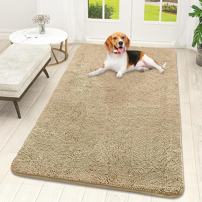 OLANLY Dog Door Mat for Muddy Paws 59x32, Super Absorbent Chenille Mud Mat | Beige, Absorbs Moisture and Dirt, Non-Slip Machine Washable Doormat, Quick-Drying Indoor Entryway Floor Carpet for Dogs