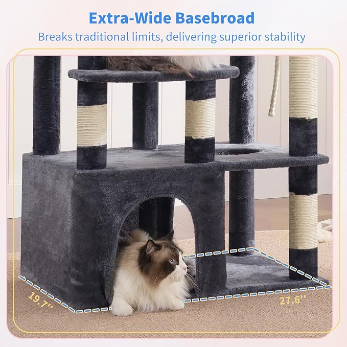 Heybly Cat Tree, 71-Inch Tall Cat Tower for Large Maine Coon Cats HCT037G | Cat Condo Furniture with Extra-Large Baseboard, Multi-Level Platforms, 2 Hammocks and 12 Scratching Posts, Smoky Gray