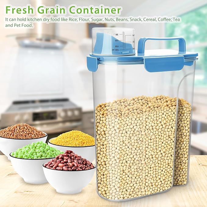 Viretec Rice Storage Container, 5 to 10lb Dry Food Airtight Dispenser, Pet Dog Cat Food Canister, BPA Free Clear Plastic Kitchen and Pantry Bin for Oatmeal, Cereal, Pasta, Flour Pack of 2 Blue